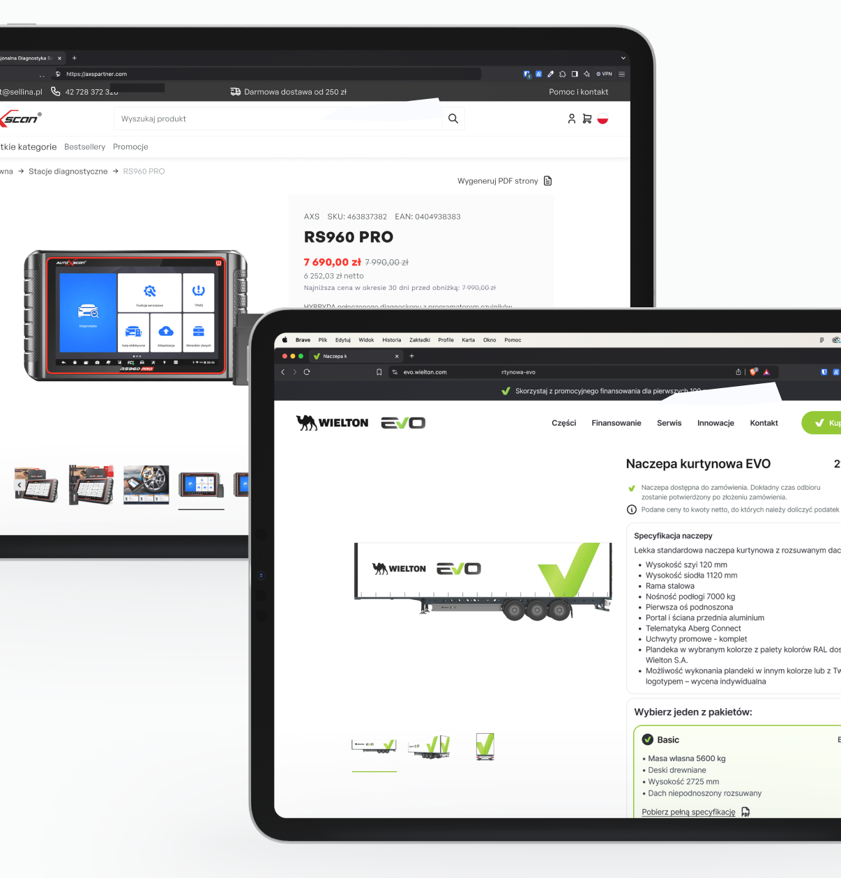 Kolaż przedstawiający samochodowy tablet diagnostyczny na ekranie laptopa i przyczepę Wielton EVO na potrzeby marketingu produktu.