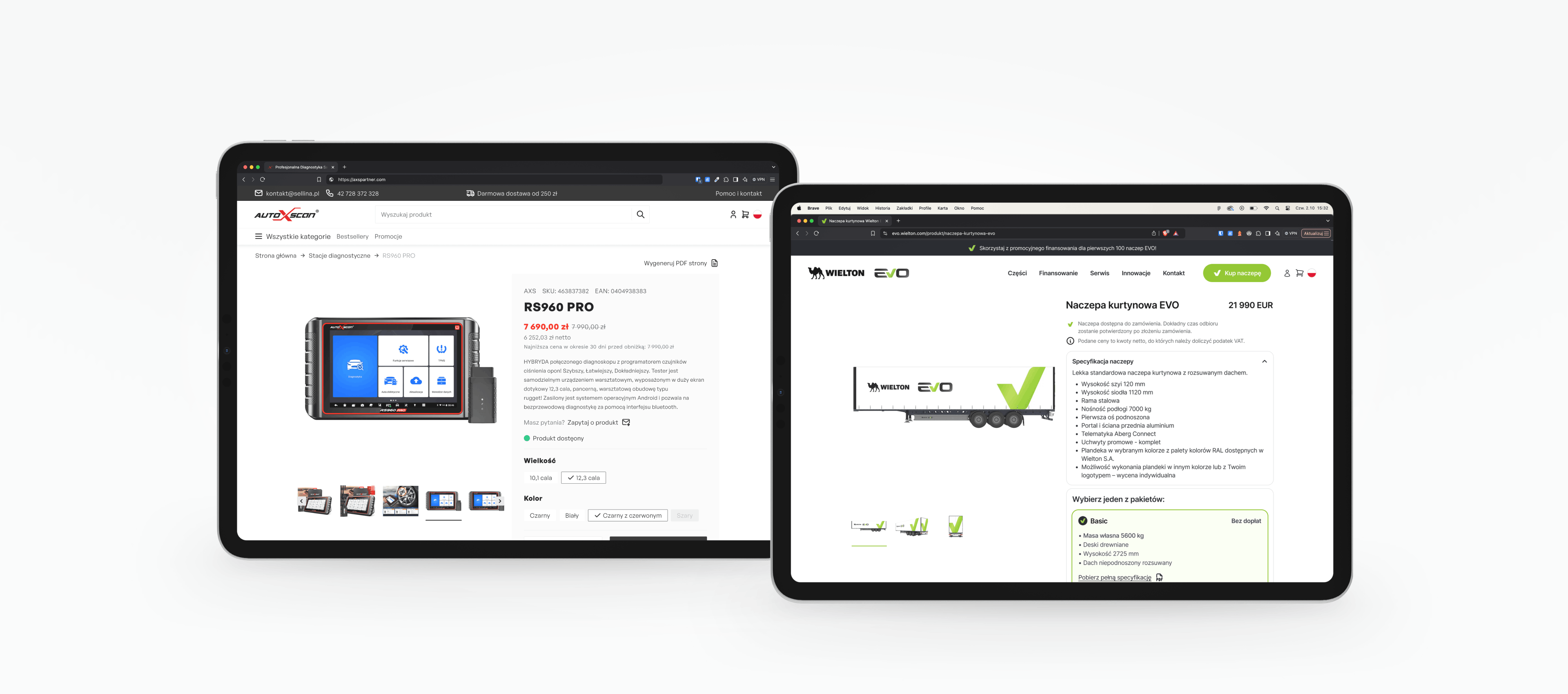 Dwa ekrany tabletów pokazujące strony produktów: RS960 PRO po lewej i naczepa kurtynowa Wielton EVO po prawej.