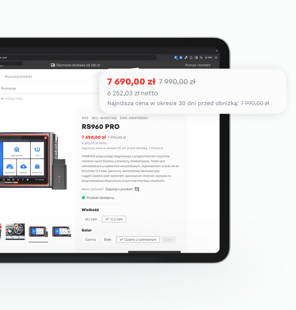 Strona produktu przedstawiająca RS960 PRO z podświetloną na czerwono ceną 7 690,00 zł i przekreśloną starą ceną, obok szczegółowej specyfikacji.