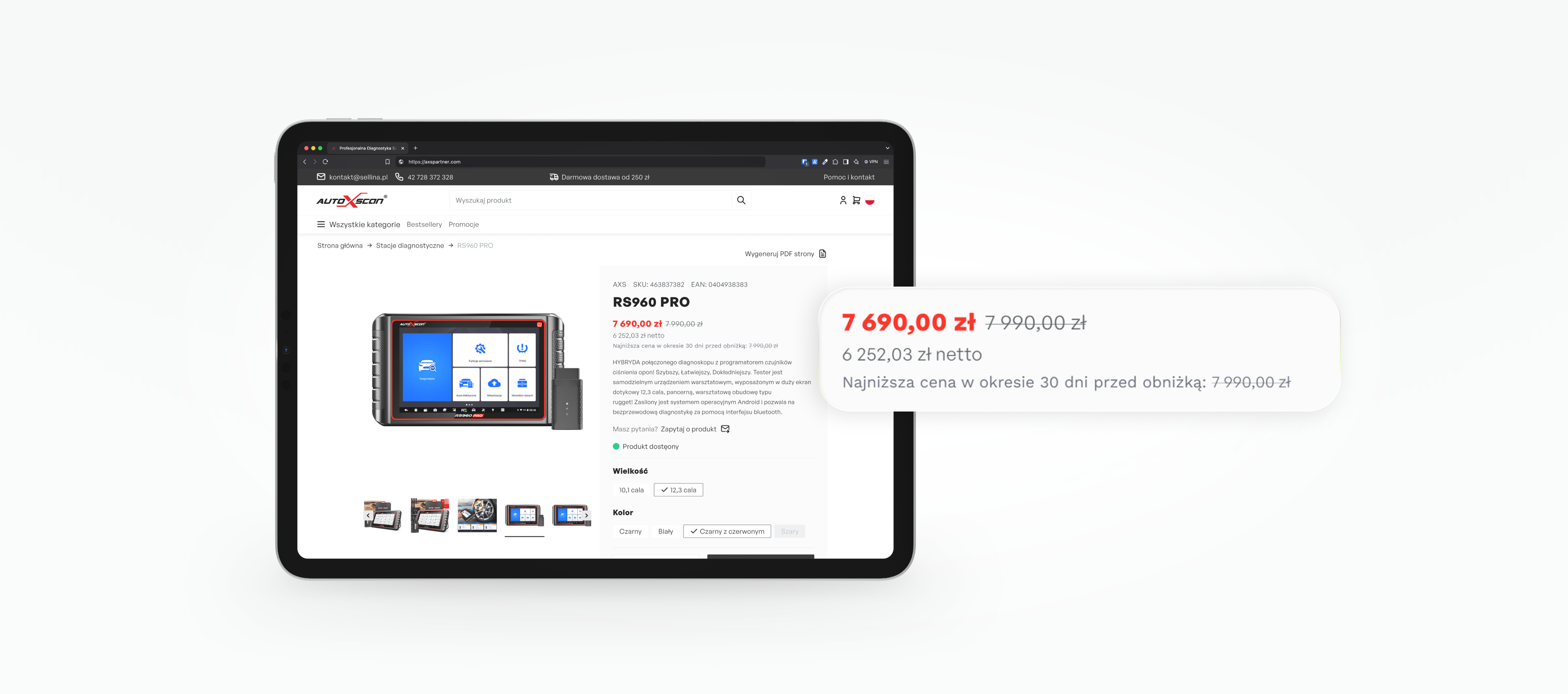 Tablet wyświetlający stronę produktu RS960 PRO w sklepie internetowym, z ceną 7 690,00 zł zaznaczoną na czerwono i białym dymkiem promocyjnym po prawej stronie.