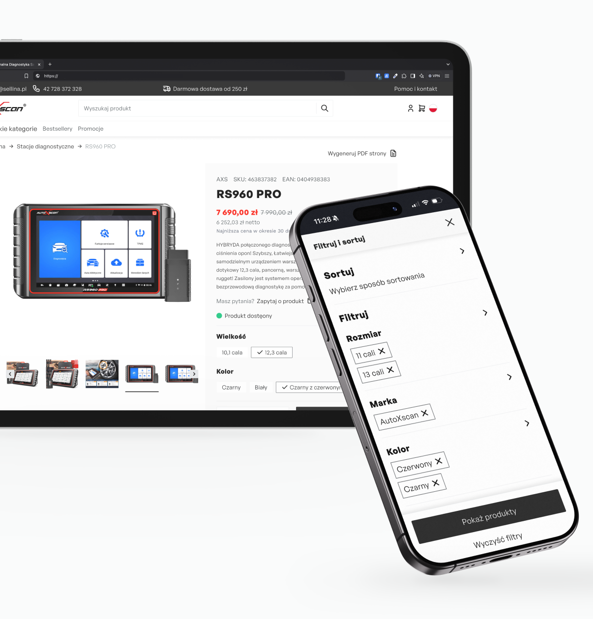 Ekran laptopa wyświetlający stronę produktu RS960 PRO z miniaturami i szczegółami; nakładka na smartfon pokazuje opcje filtrów