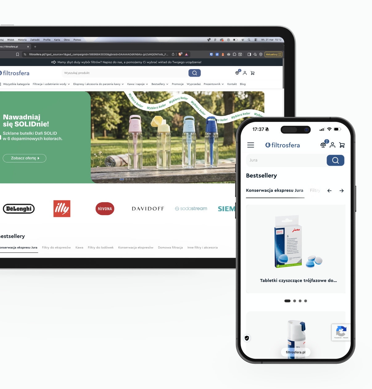 Responsywna makieta e-commerce Filtrosfera przedstawiająca stronę główną w wersji na komputery stacjonarne z nawigacją, banerem i logo marki, a także widok mobilny, w którym wyróżniono sekcję bestsellerów - wdrożenie Cognize