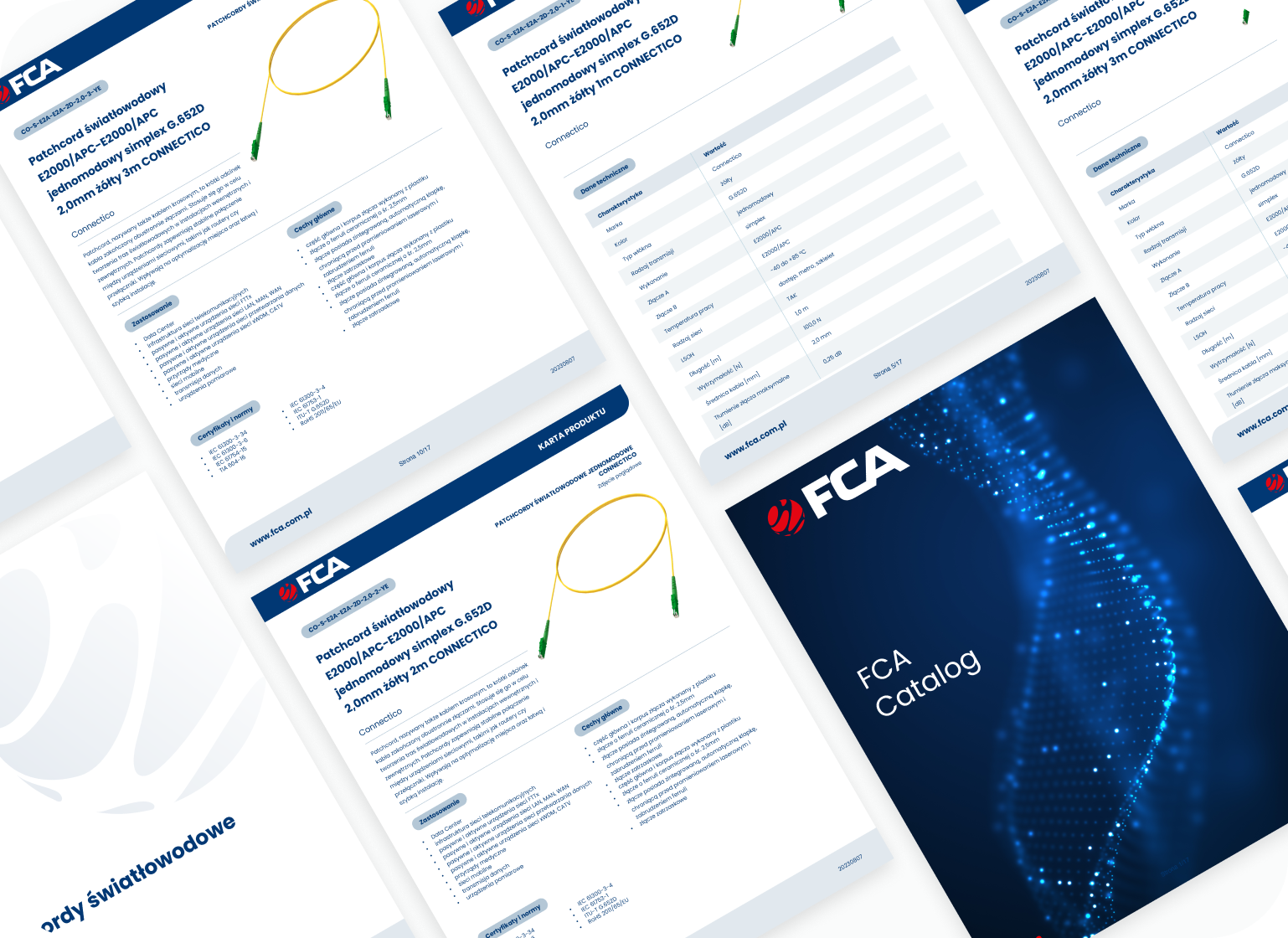 Rozkład stron katalogu FCA w kolorze niebieskim i białym, z ciemnoniebieską okładką „FCA Catalog” przedstawiającą kropkowaną sieć.