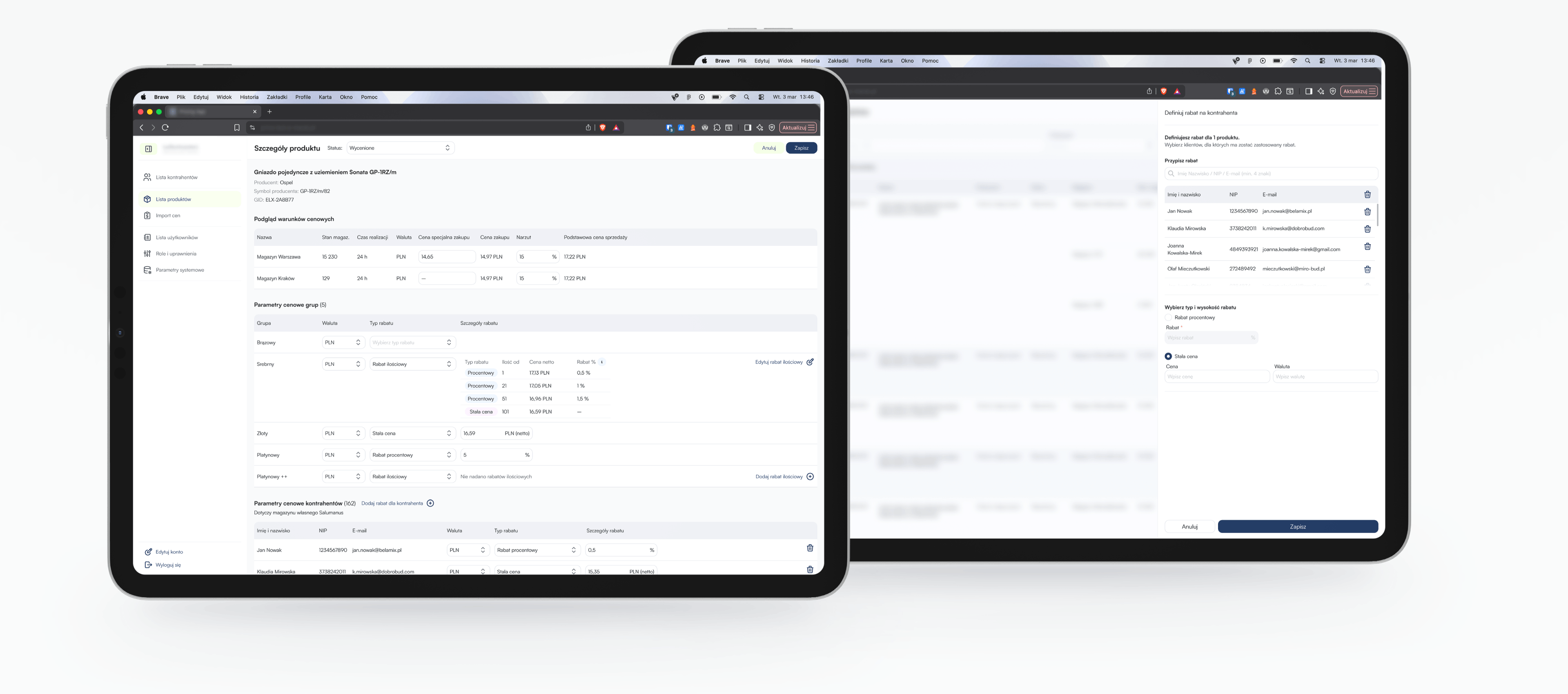 Aplikacja cen - Dwa tablety obok siebie przedstawiające interfejs użytkownika edytora cen produktów z tabelami, formularzami i lewym menu nawigacyjnym (oprogramowanie w języku polskim).