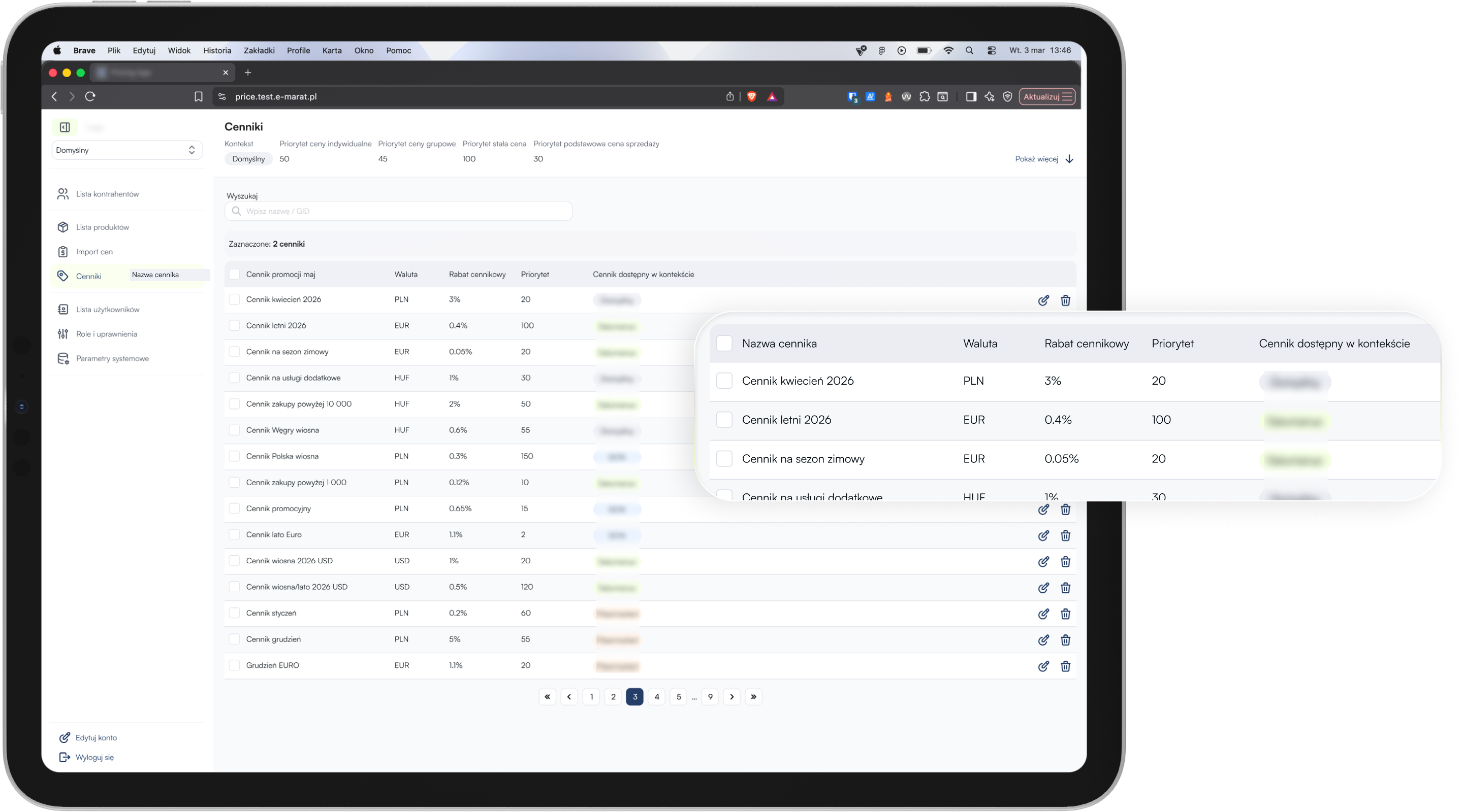 Tablet screen displaying a price list dashboard (Cenniki) with a list of items, filters, and a floating detailed table popup in Polish UI.