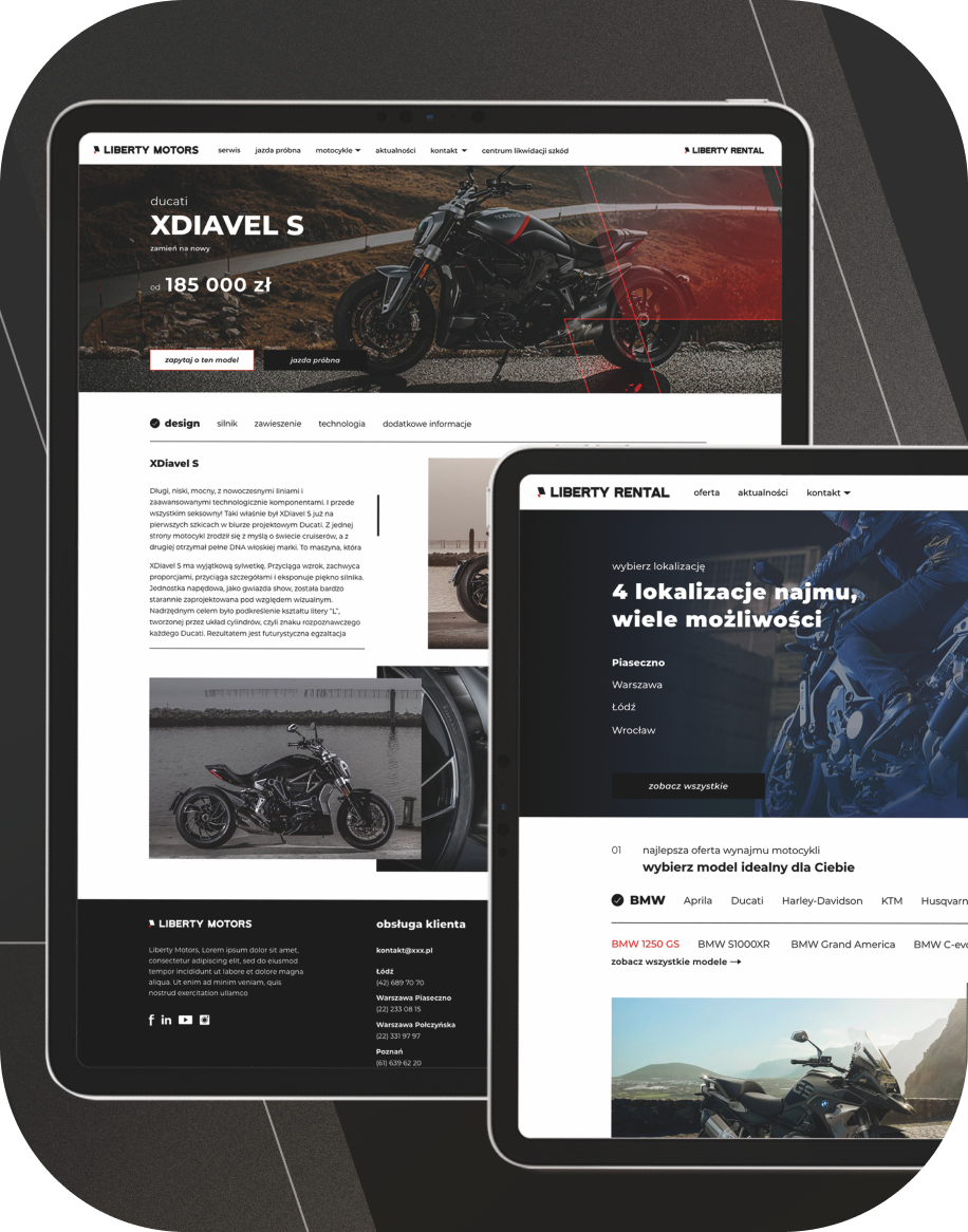 Two tablet screens showing a motorcycle dealership website with a Ducati XDiavel S hero image and pricing.