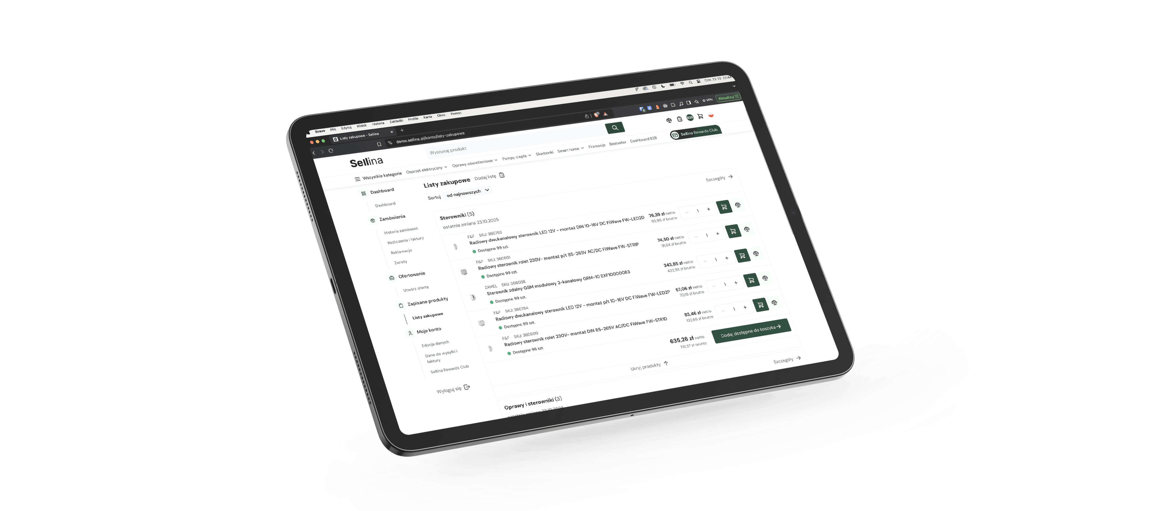 Tablet wyświetlający panel zamówień z listą zamówień i nawigacją boczną w polskim interfejsie użytkownika (Sellina).