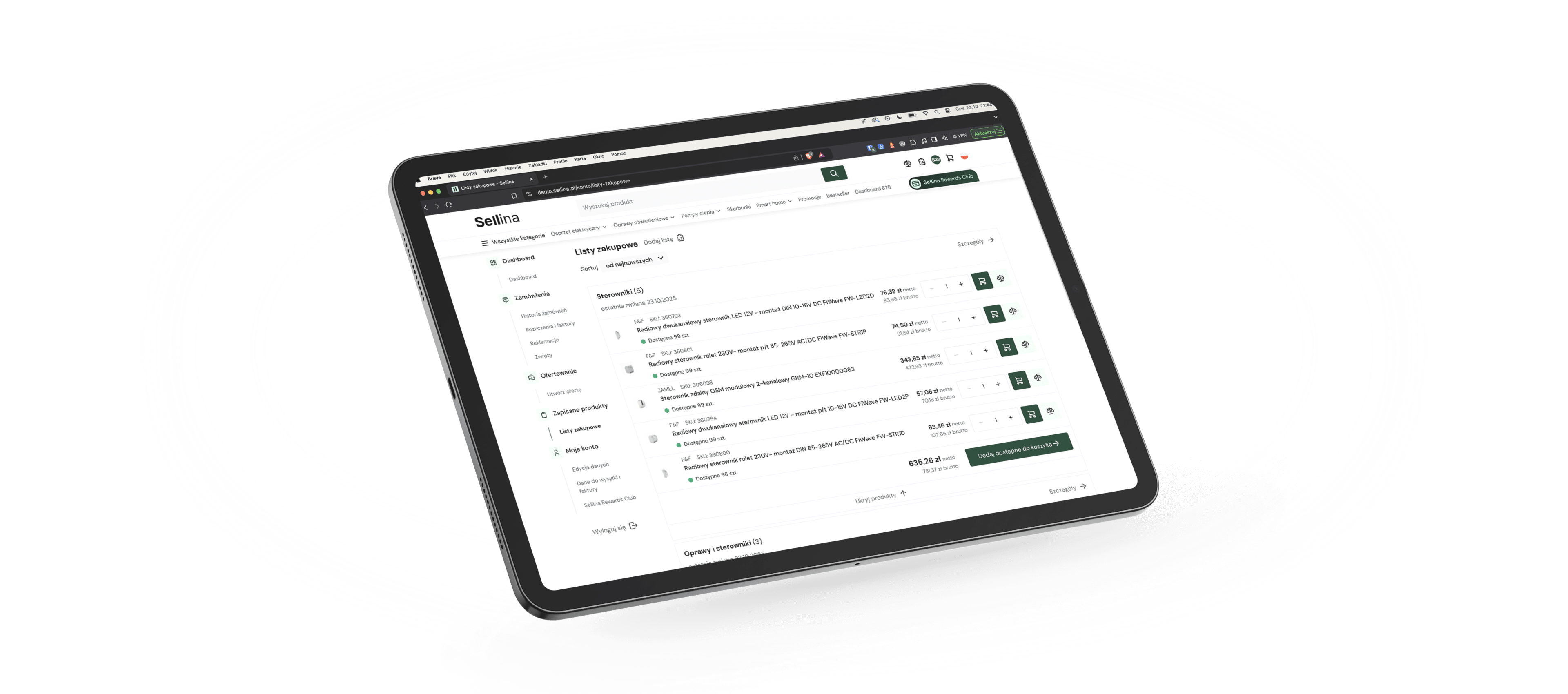95 Tablet przedstawiający panel e-commerce z listą zamówień i menu nawigacyjnym (marka Sellina).