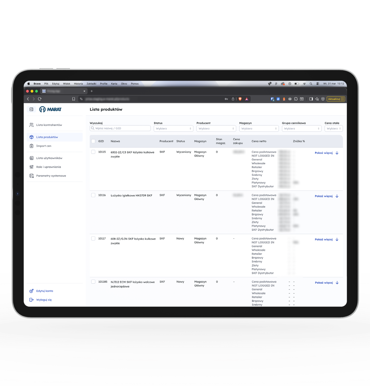 Tablet wyświetlający aplikację internetową z tabelą produktów „Lista produktów” i najlepszymi filtrami (interfejs użytkownika w języku polskim).