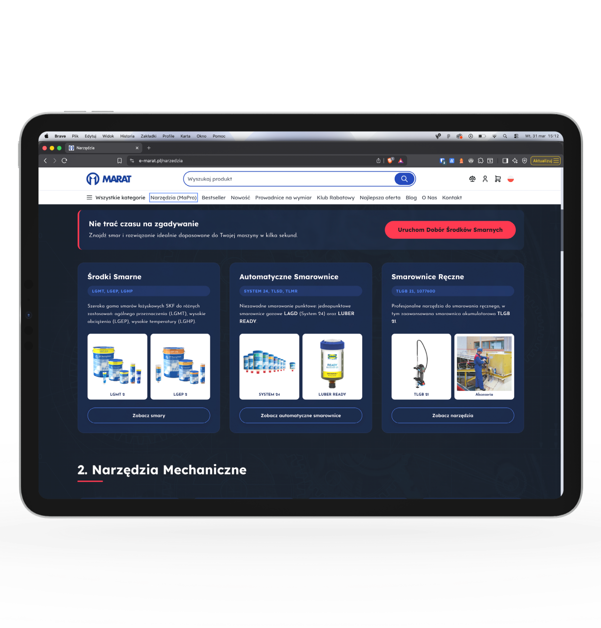 Tablet wyświetla polską stronę kategorii narzędzi w ciemnym motywie: Środki Smarne, Automatyczne Smarownice, Smarownice Ręczne.