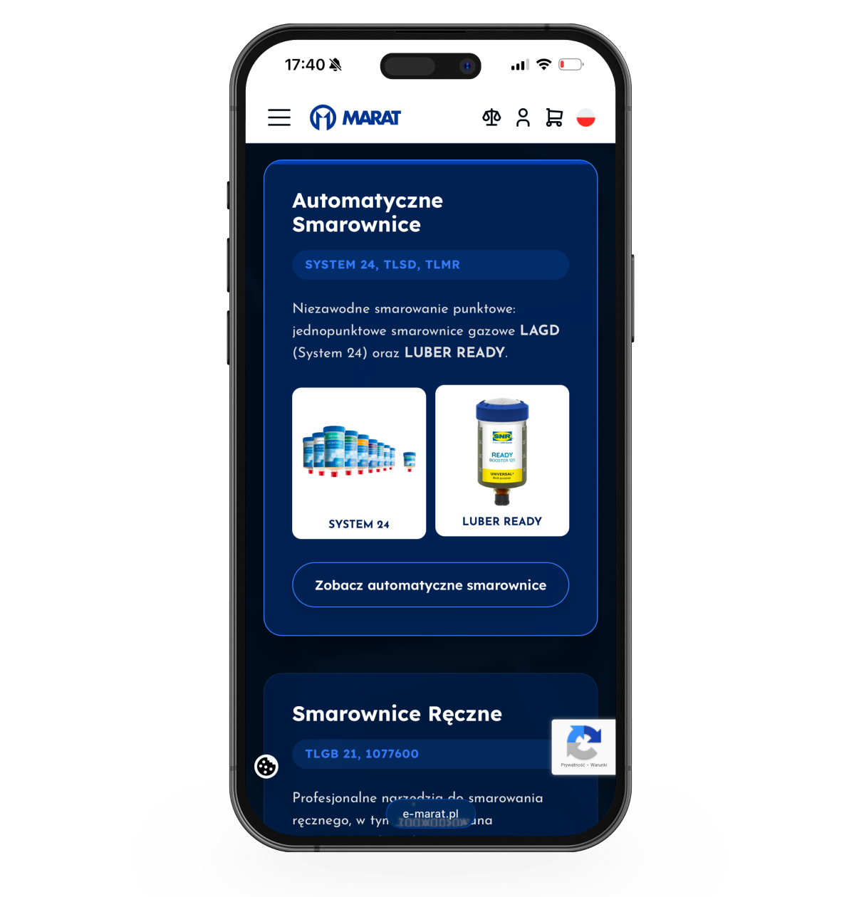Strona Marat na telefonie z niebieskim panelem: 'Automatyczne Smarownice' i dwie karty produktów 'SYSTEM 24' i 'LUBER READY'.