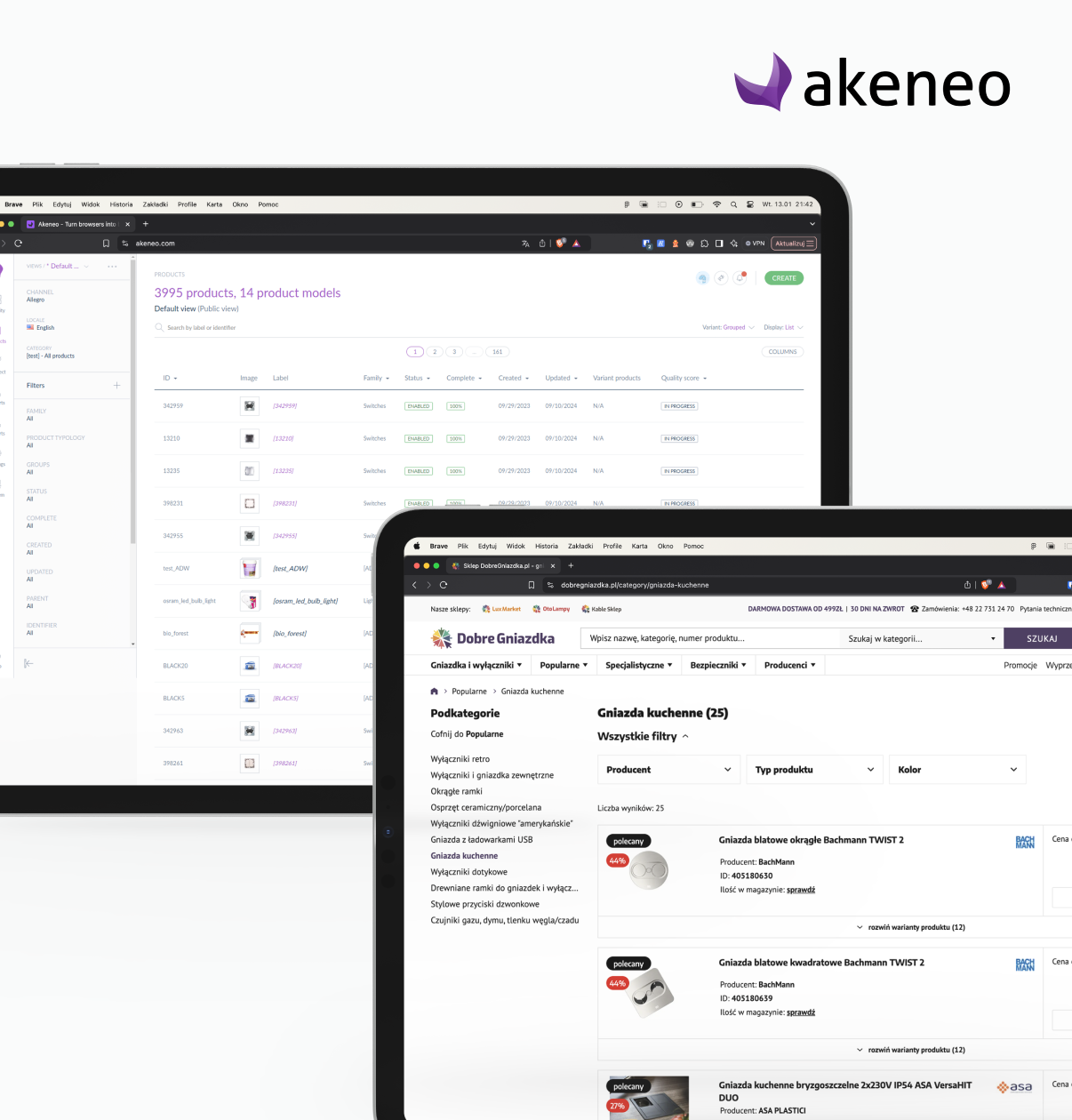 Two laptops display product management dashboards with the Akeneo logo in the top-right corner, illustrating the software UI on screen.