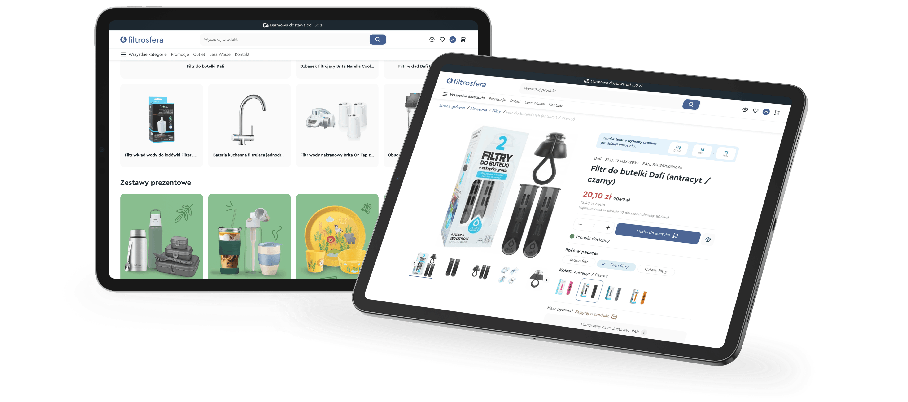Dwa kątowe tablety przedstawiające witrynę e-commerce: na lewym tablecie wyświetlana jest siatka produktów z filtrami, na prawym tablecie wyświetlana jest strona produktu dotycząca akcesorium filtrującego wodę Dafi.