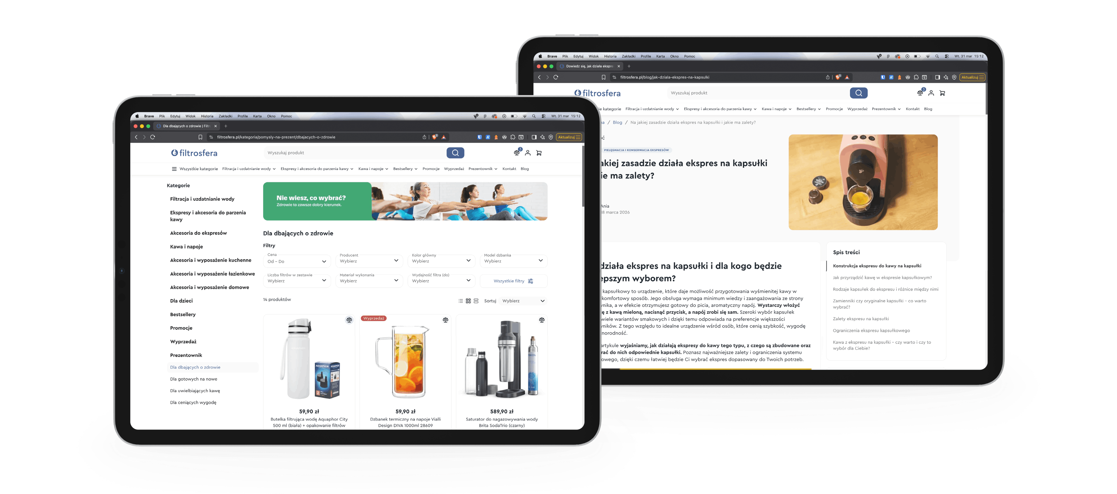 Dwa ekrany tabletów wyświetlające ofertę e-commerce dotyczącą filtrów do kawy; na lewym tablecie wyświetlana jest kategoria filtrów i siatka produktów, na prawym tablecie wyświetlana jest strona artykułu ze zdjęciem kawy.