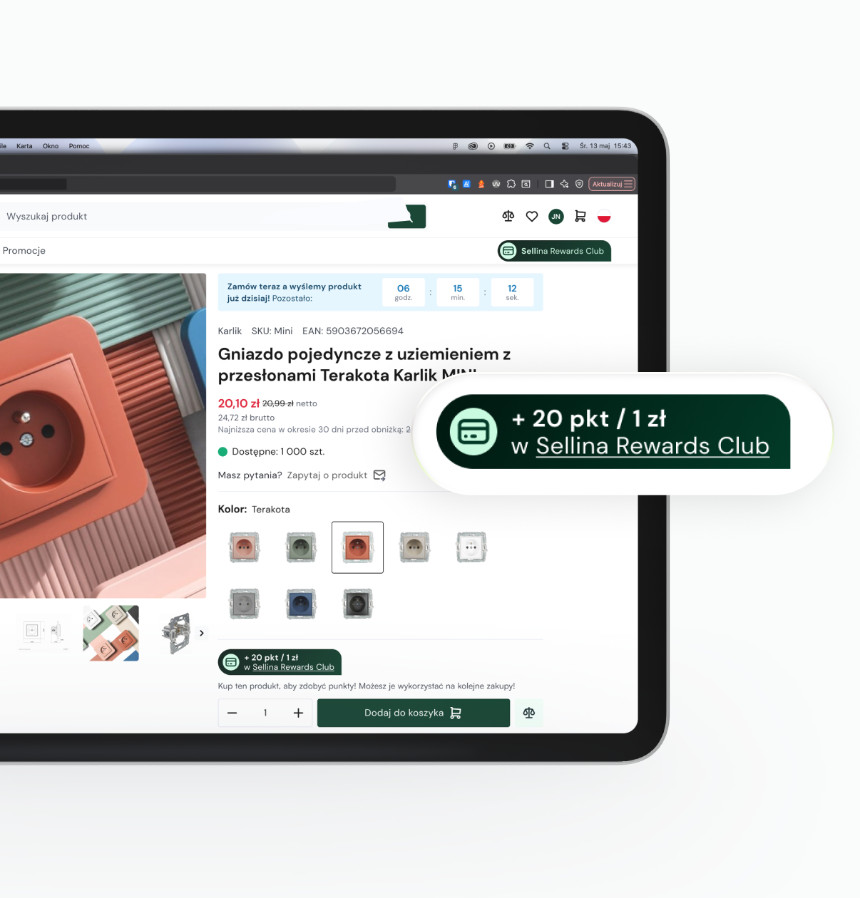 Strona produktu na ekranie laptopa przedstawiająca przełącznik Terakota z pływającą plakietką „+20 pkt / 1 zł w Sellina Rewards Club”