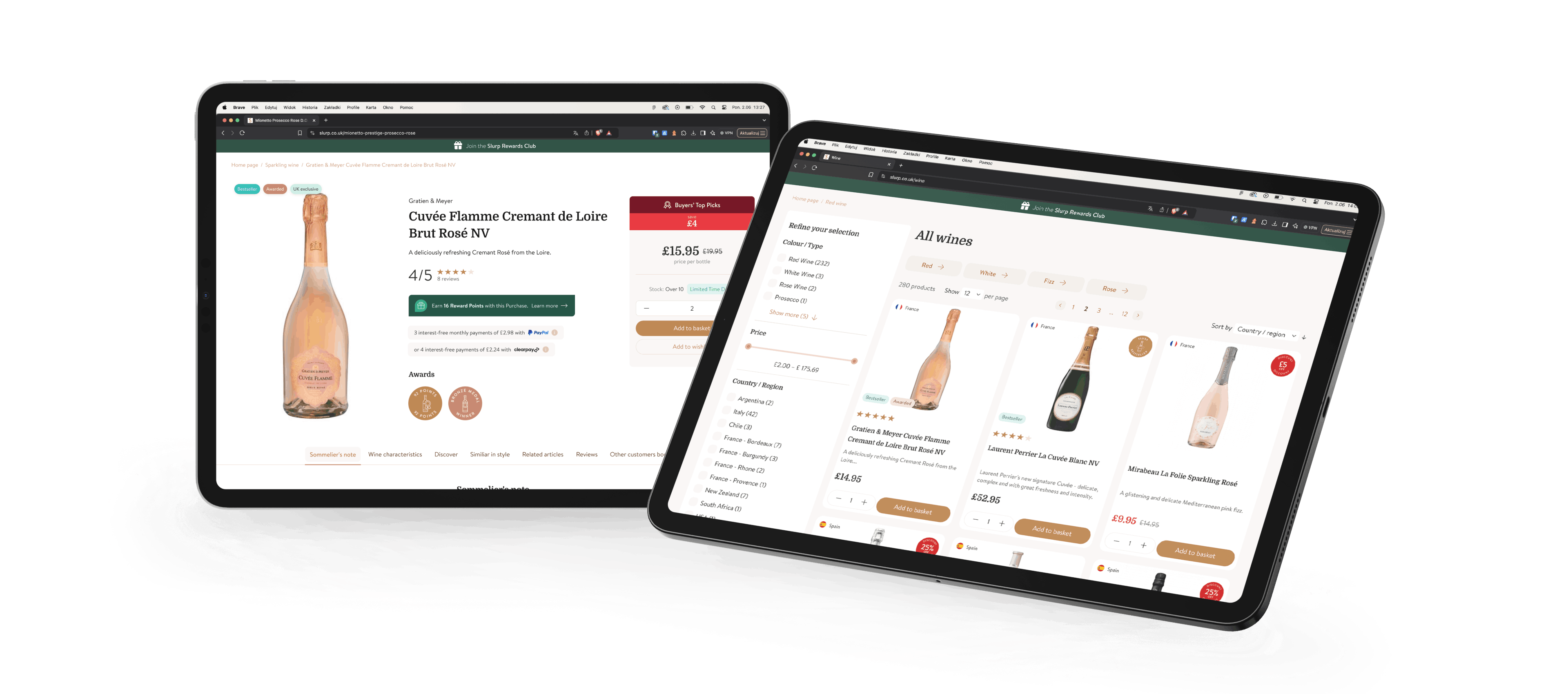 Dwa ekrany tabletów przedstawiające sklep internetowy z winami; na lewym ekranie wyświetlana jest strona produktu Cuvée Flamme Cremant de Loire Brut Rosé NV ze zdjęciem butelki i opcjami zakupu, na prawym ekranie widoczny jest katalog win z filtrami i wizytówkami innych butelek.