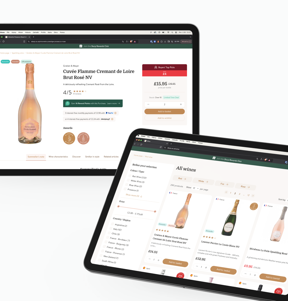 Strona produktu Slurp, na ekranie laptopa, pokazująca zdjęcie butelki, opis i cenę - wdrożenie Cognize