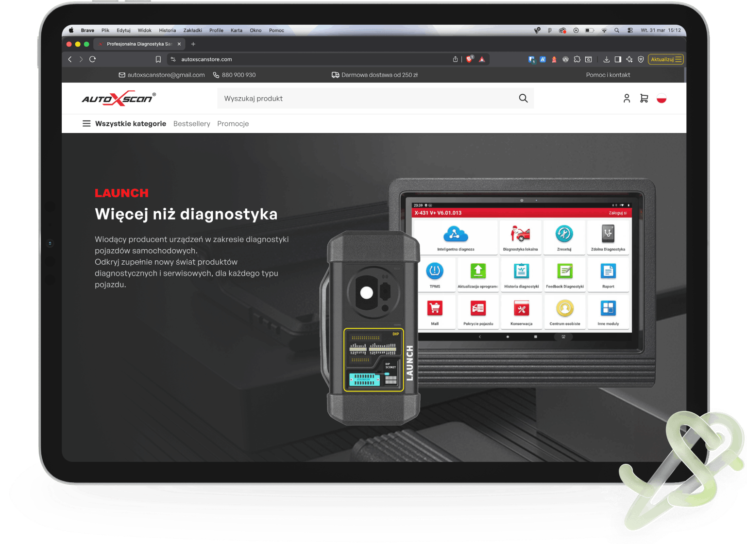 Główna oferta AutoXScan: tablet z ekranem diagnostycznym i urządzeniem Launch, z napisem Więcej niż diagnostyka