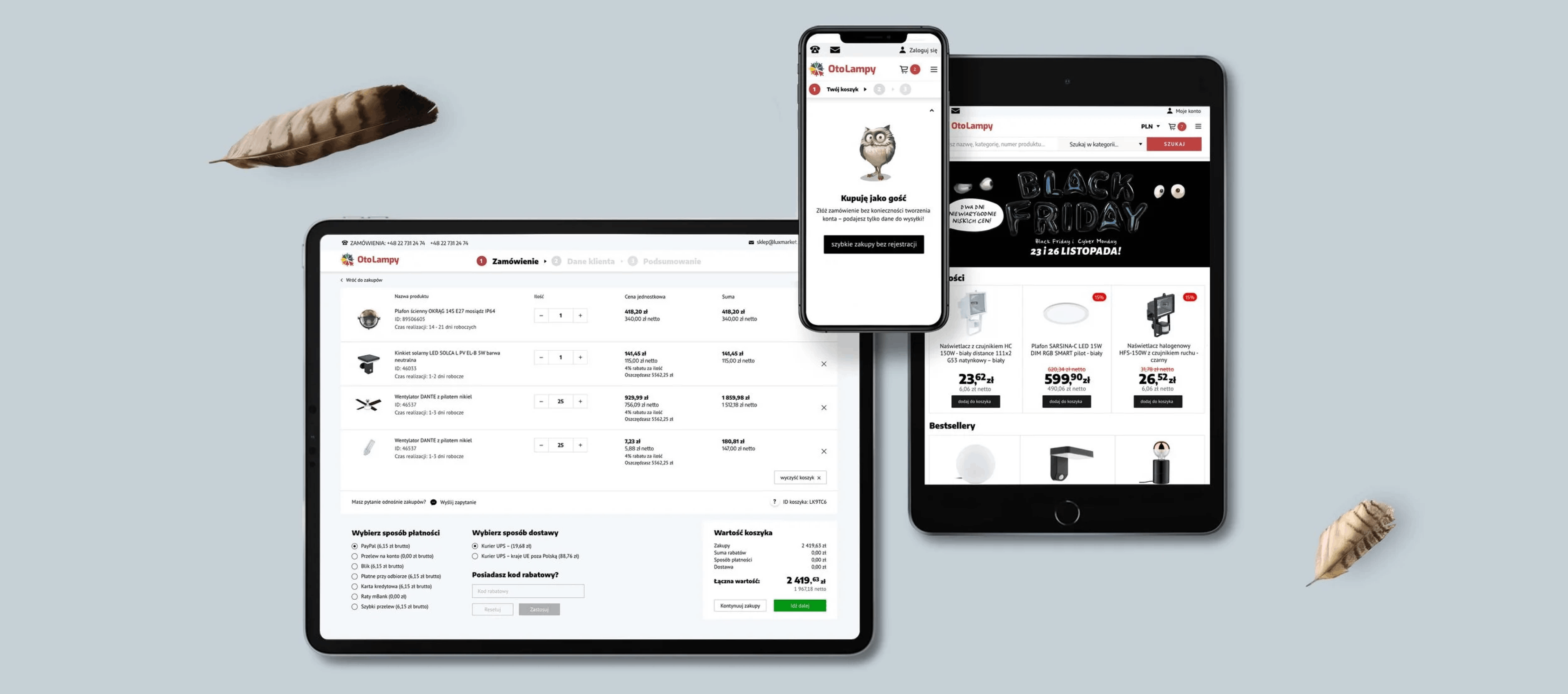 Multi‑device ecommerce scene: a tablet and a smartphone display checkout and product listings against a blue background.