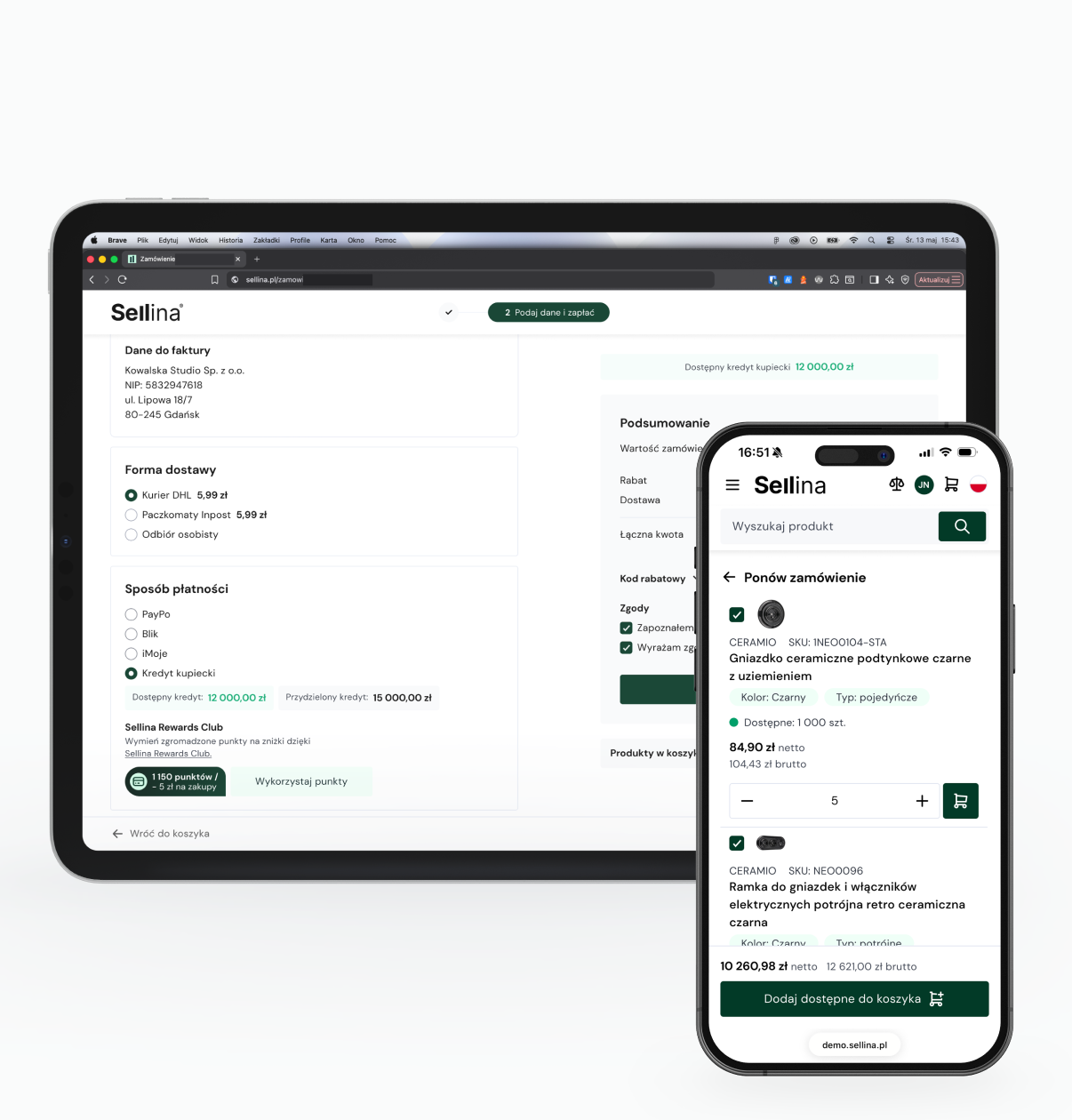Tablet i telefon wyświetlające makietę kasy e-commerce B2B (Sellina): formularz zamówienia, opcje dostawy i podsumowanie koszyka na obu urządzeniach.